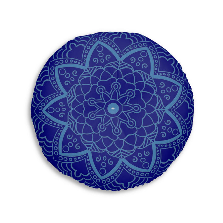 Floor Cushion Handmade Mandala Art - Steel Blue on Navy Blue background - Drawn by Hand - Tufted Floor Pillow, Round - Blululi