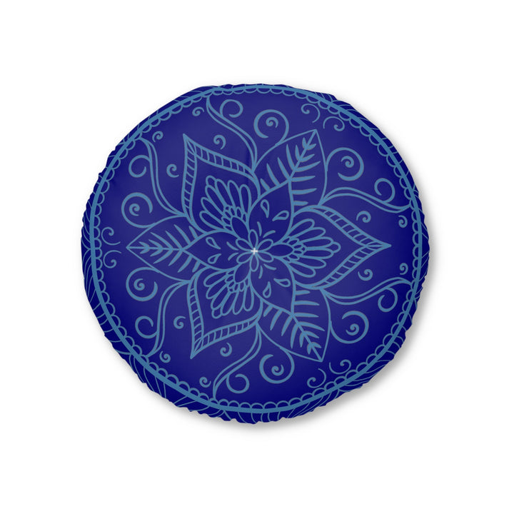 Floor Cushion Handmade Mandala Art - Steel Blue on Navy Blue background - Drawn by Hand - Tufted Floor Pillow, Round - Blululi