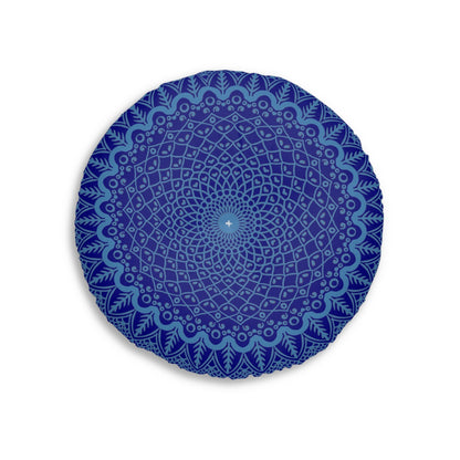 Floor Cushion Handmade Mandala Art - Steel Blue on Navy Blue background - Drawn by Hand - Tufted Floor Pillow, Round - Blululi