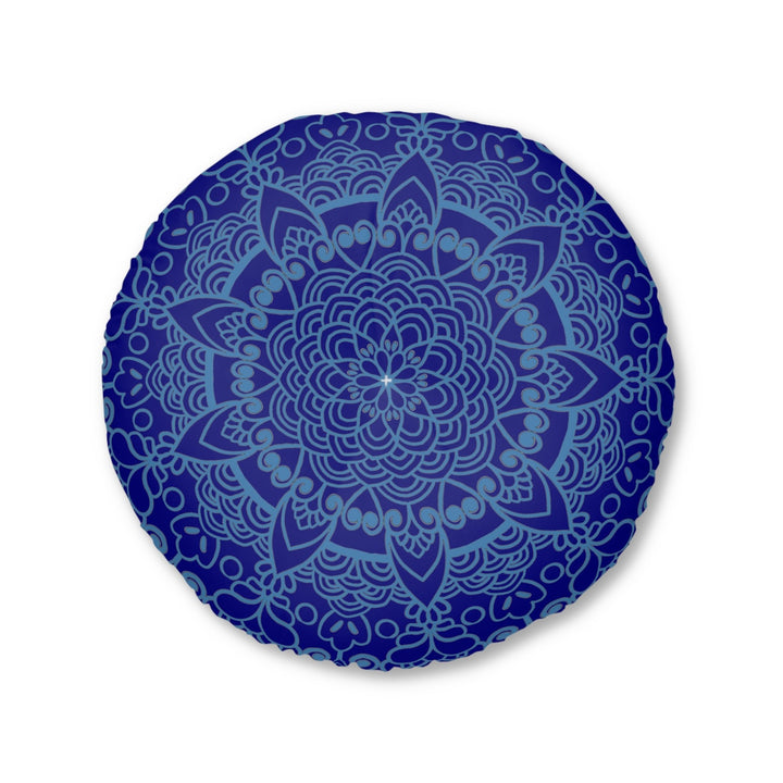 Floor Cushion Handmade Mandala Art - Steel Blue on Navy Blue background - Drawn by Hand - Tufted Floor Pillow, Round - Blululi