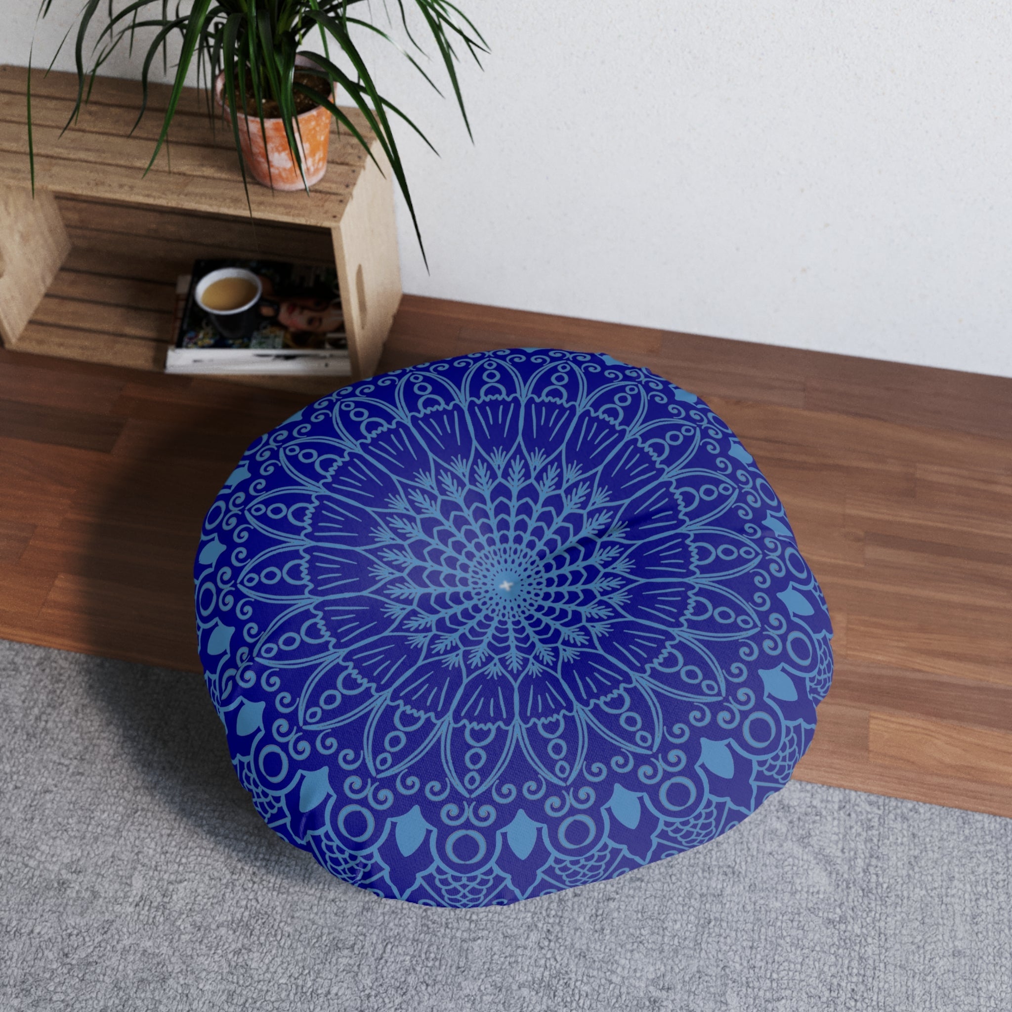 Floor Cushion Handmade Mandala Art - Steel Blue on Navy Blue background - Drawn by Hand - Tufted Floor Pillow, Round - Blululi