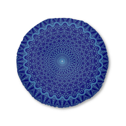 Floor Cushion Handmade Mandala Art - Steel Blue on Navy Blue background - Drawn by Hand - Tufted Floor Pillow, Round - Blululi