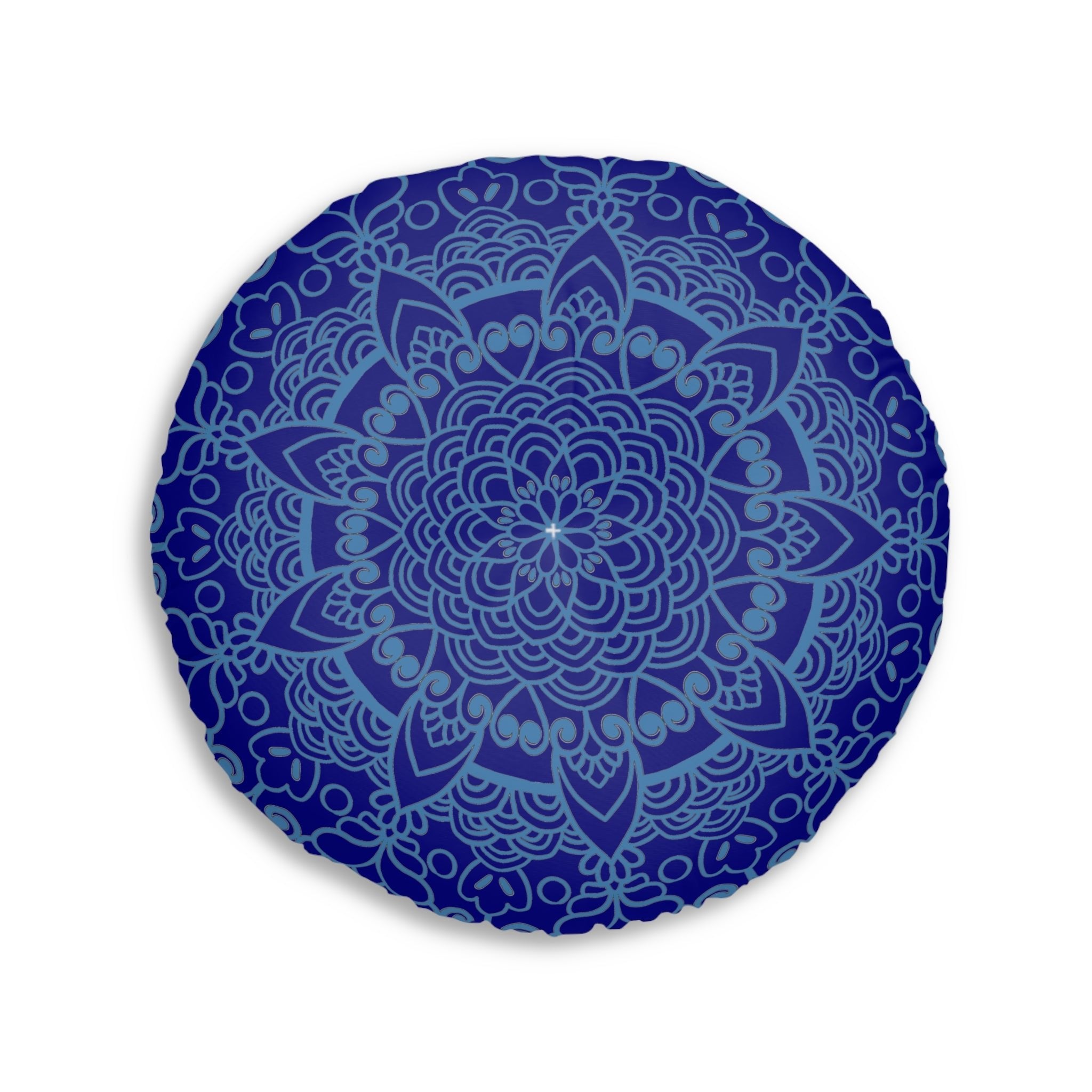 Floor Cushion Handmade Mandala Art - Steel Blue on Navy Blue background - Drawn by Hand - Tufted Floor Pillow, Round - Blululi