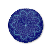 Floor Cushion Handmade Mandala Art - Steel Blue on Navy Blue background - Drawn by Hand - Tufted Floor Pillow, Round - Blululi