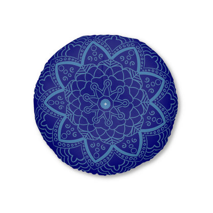 Floor Cushion Handmade Mandala Art - Steel Blue on Navy Blue background - Drawn by Hand - Tufted Floor Pillow, Round - Blululi