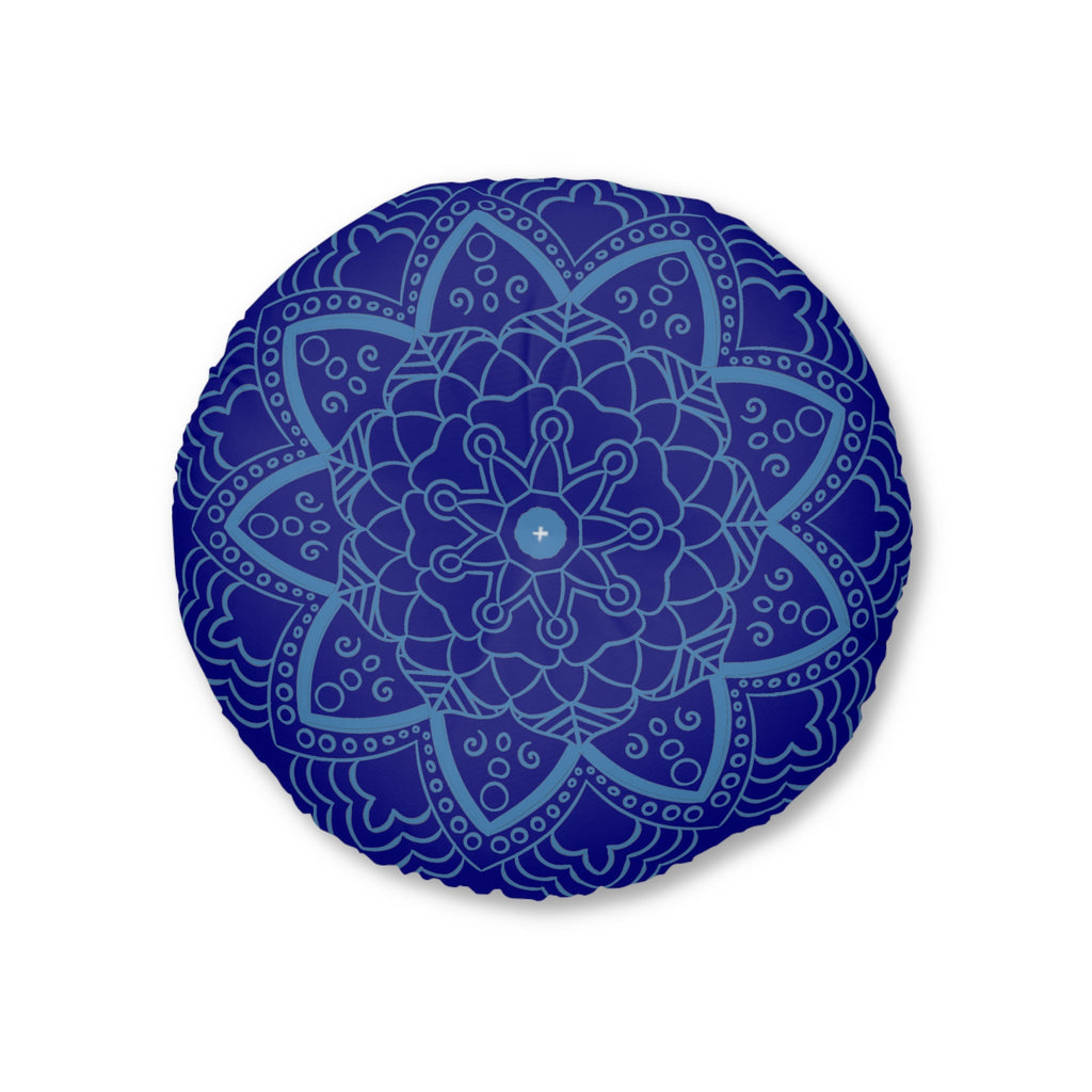 Floor Cushion Handmade Mandala Art - Steel Blue on Navy Blue background - Drawn by Hand - Tufted Floor Pillow, Round - Blululi