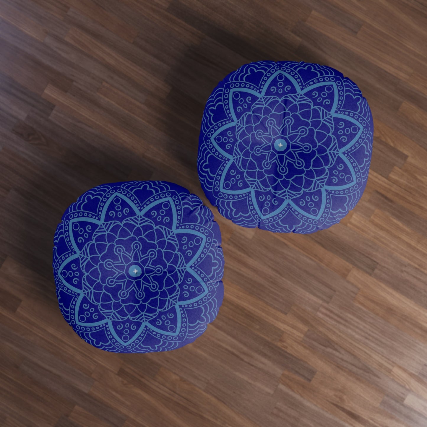 Floor Cushion Handmade Mandala Art - Steel Blue on Navy Blue background - Drawn by Hand - Tufted Floor Pillow, Round - Blululi