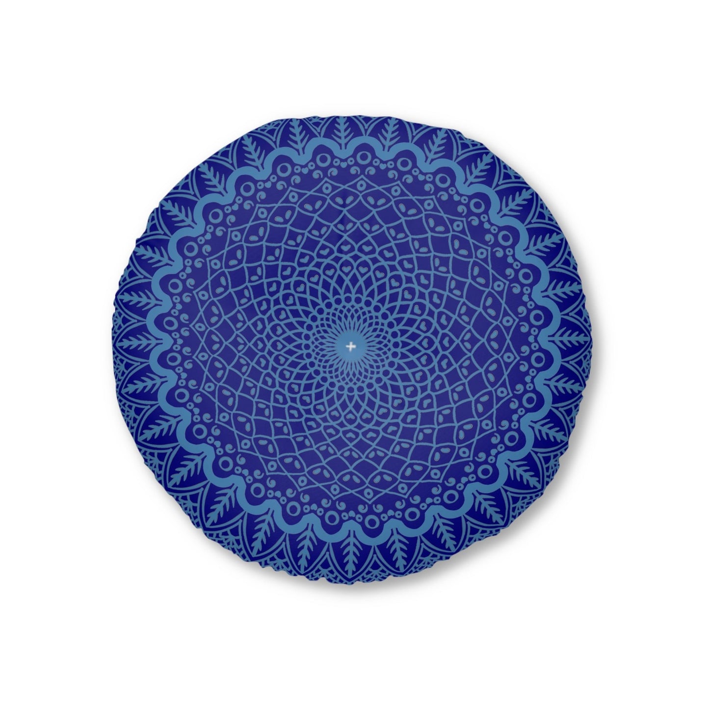 Floor Cushion Handmade Mandala Art - Steel Blue on Navy Blue background - Drawn by Hand - Tufted Floor Pillow, Round - Blululi