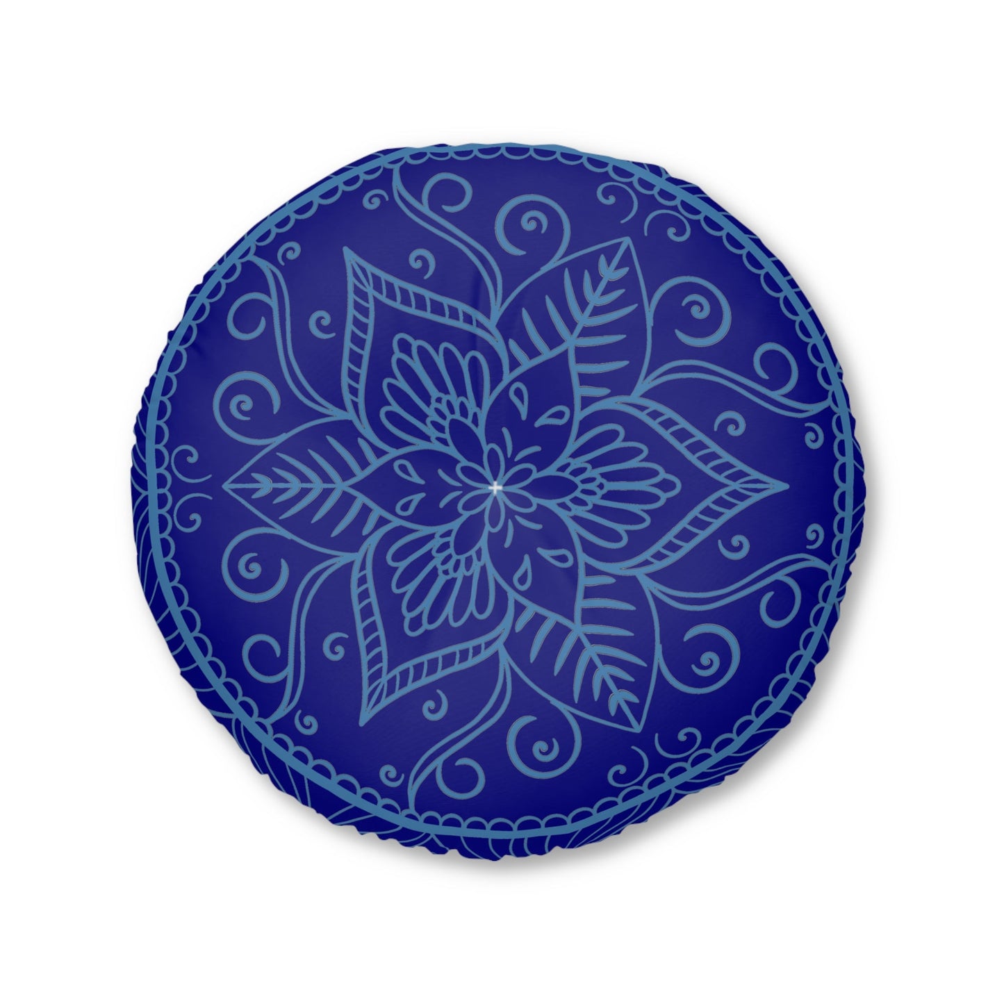 Floor Cushion Handmade Mandala Art - Steel Blue on Navy Blue background - Drawn by Hand - Tufted Floor Pillow, Round - Blululi