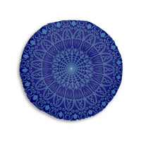 Floor Cushion Handmade Mandala Art - Steel Blue on Navy Blue background - Drawn by Hand - Tufted Floor Pillow, Round - Blululi