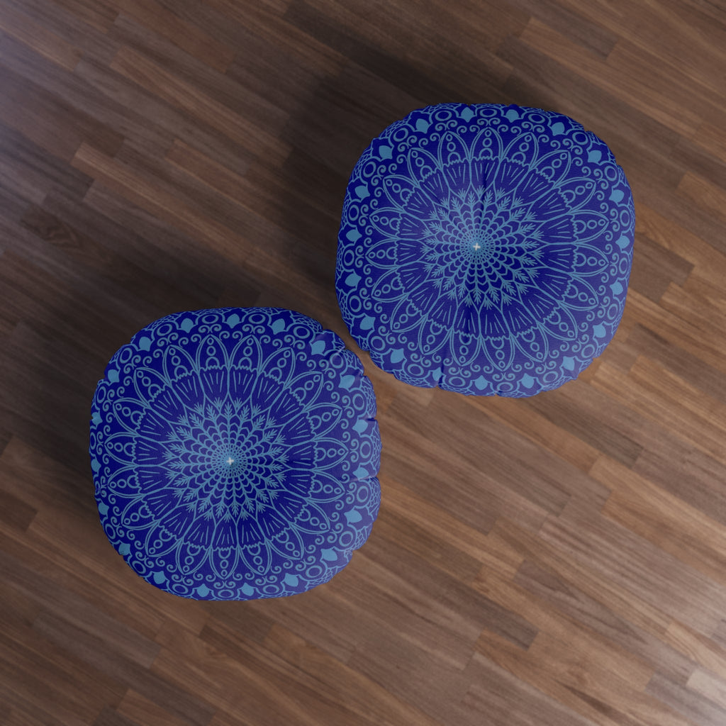 Floor Cushion Handmade Mandala Art - Steel Blue on Navy Blue background - Drawn by Hand - Tufted Floor Pillow, Round - Blululi