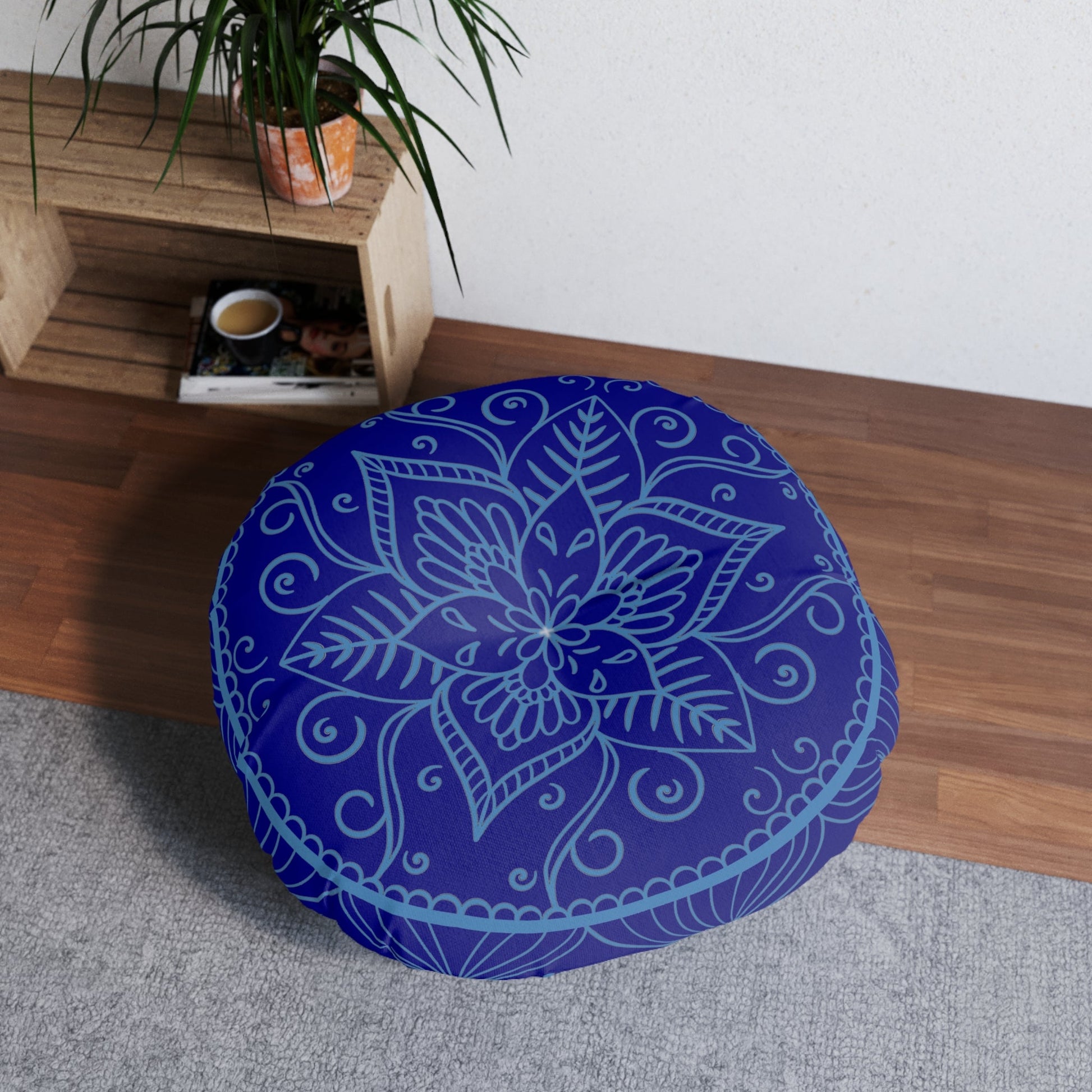 Floor Cushion Handmade Mandala Art - Steel Blue on Navy Blue background - Drawn by Hand - Tufted Floor Pillow, Round - Blululi