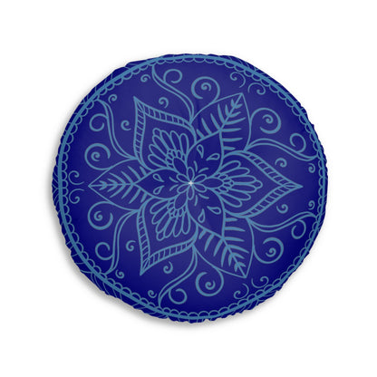 Floor Cushion Handmade Mandala Art - Steel Blue on Navy Blue background - Drawn by Hand - Tufted Floor Pillow, Round - Blululi