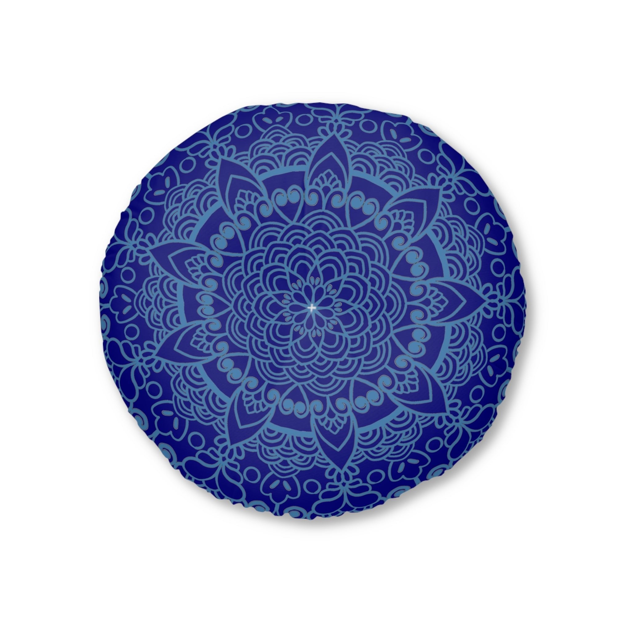 Floor Cushion Handmade Mandala Art - Steel Blue on Navy Blue background - Drawn by Hand - Tufted Floor Pillow, Round - Blululi