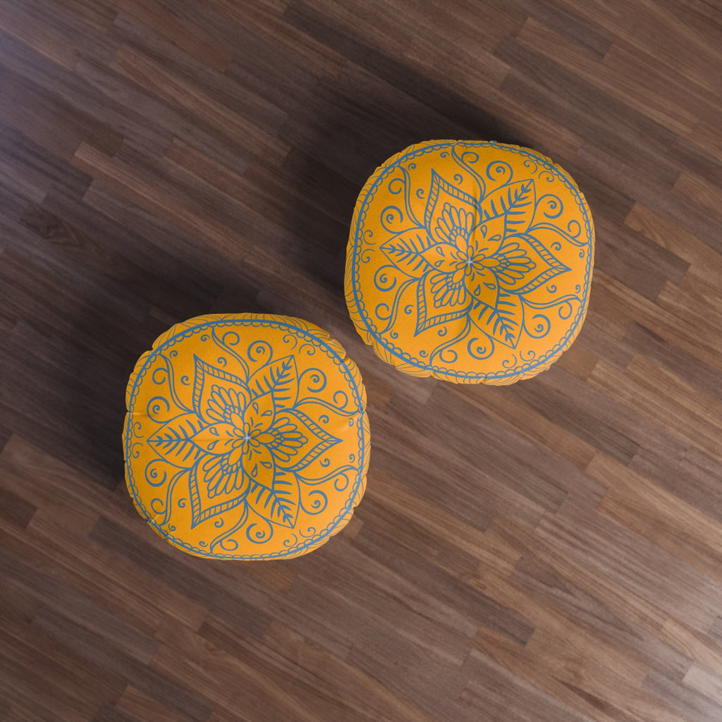 Floor Cushion Handmade Mandala Art - Steel Blue on Orange background - Drawn by Hand - Tufted Floor Pillow, Round - Blululi