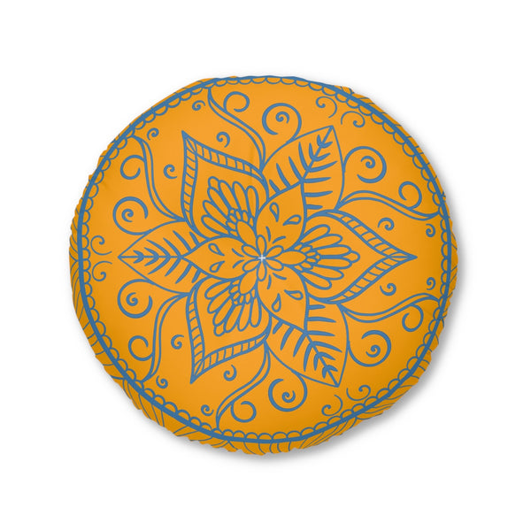 Floor Cushion Handmade Mandala Art - Steel Blue on Orange background - Drawn by Hand - Tufted Floor Pillow, Round - Blululi