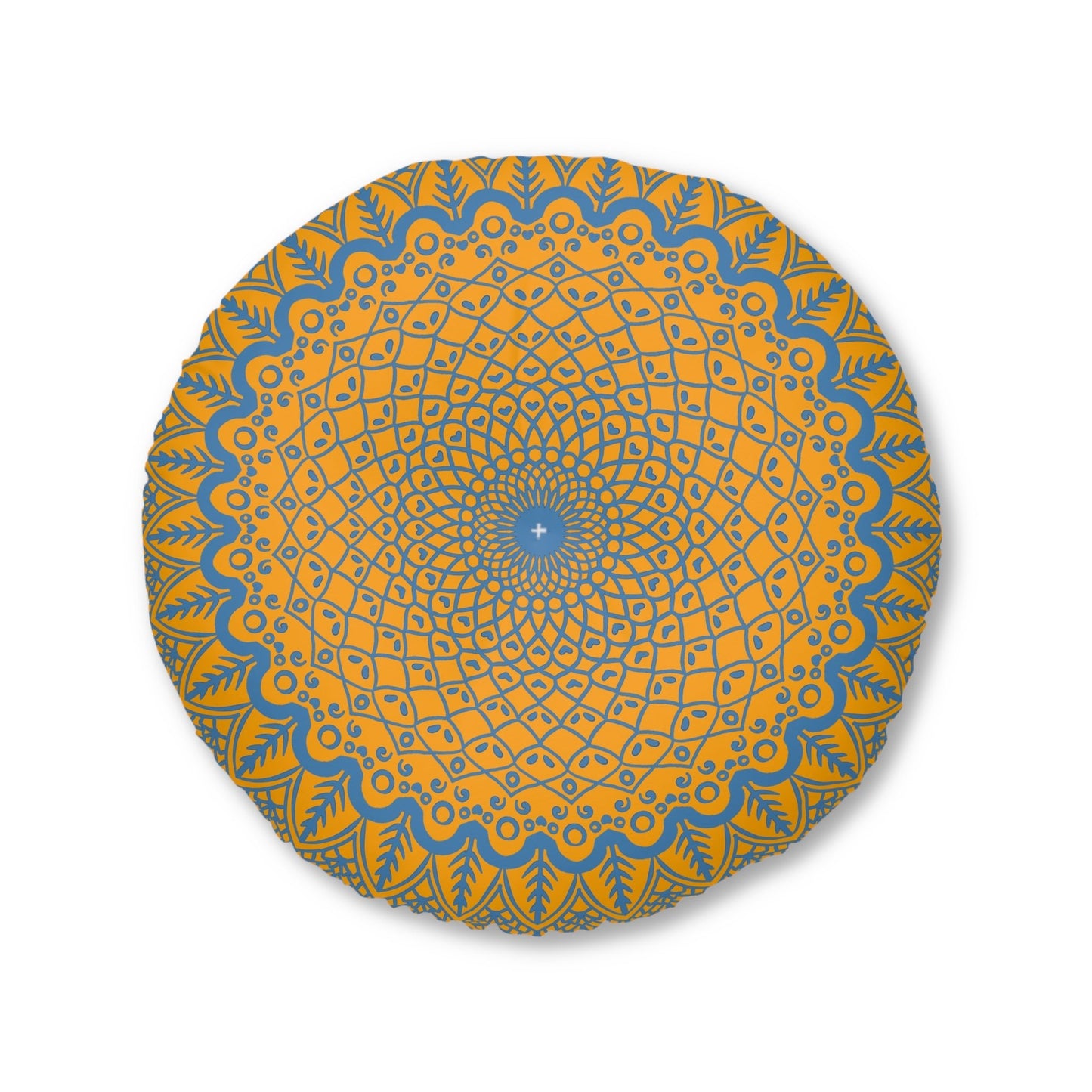 Floor Cushion Handmade Mandala Art - Steel Blue on Orange background - Drawn by Hand - Tufted Floor Pillow, Round - Blululi