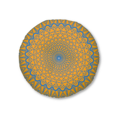 Floor Cushion Handmade Mandala Art - Steel Blue on Orange background - Drawn by Hand - Tufted Floor Pillow, Round - Blululi