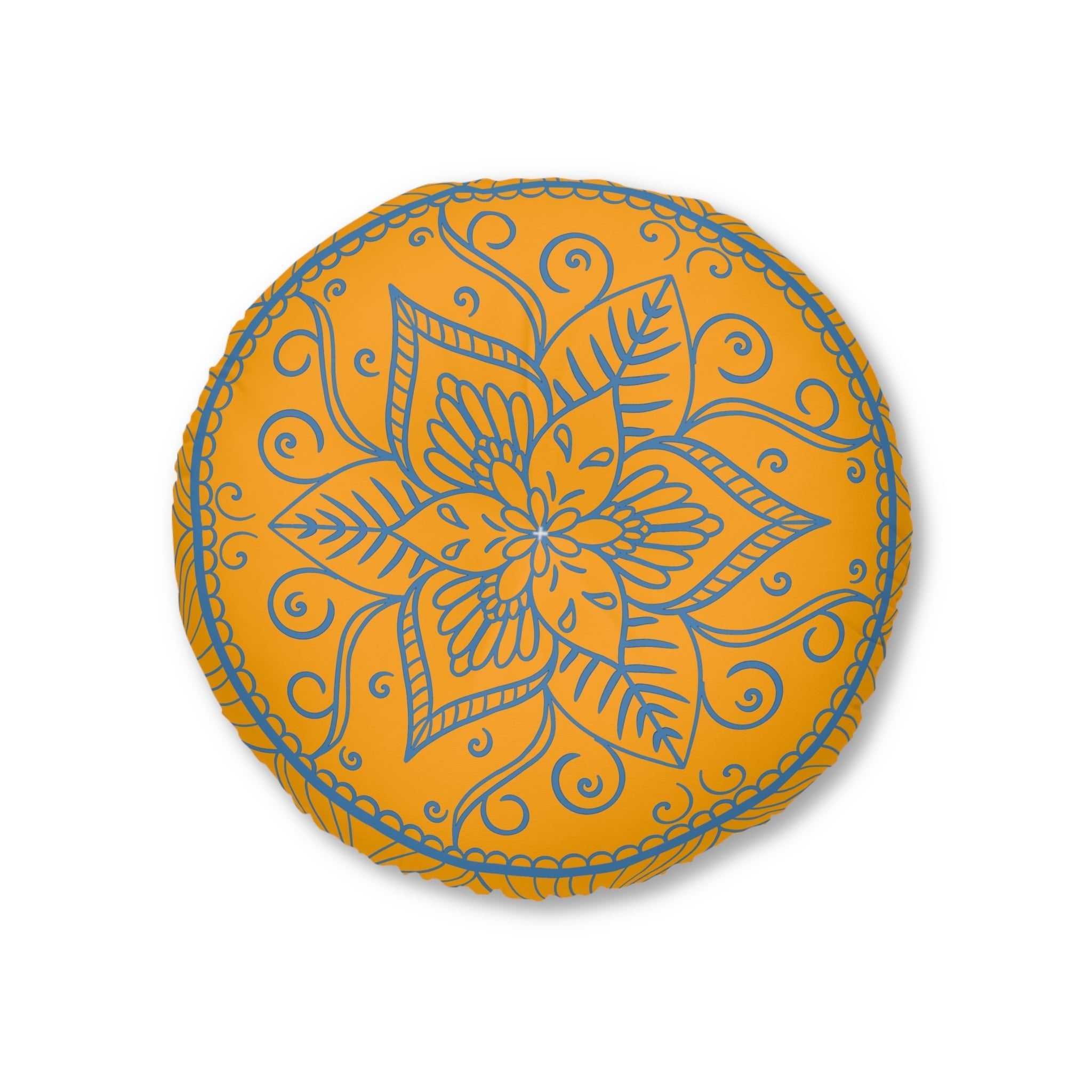 Floor Cushion Handmade Mandala Art - Steel Blue on Orange background - Drawn by Hand - Tufted Floor Pillow, Round - Blululi