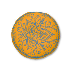 Floor Cushion Handmade Mandala Art - Steel Blue on Orange background - Drawn by Hand - Tufted Floor Pillow, Round - Blululi