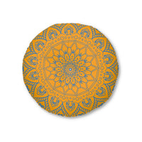 Floor Cushion Handmade Mandala Art - Steel Blue on Orange background - Drawn by Hand - Tufted Floor Pillow, Round - Blululi