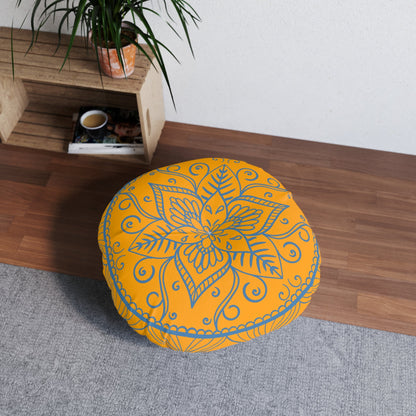 Floor Cushion Handmade Mandala Art - Steel Blue on Orange background - Drawn by Hand - Tufted Floor Pillow, Round - Blululi