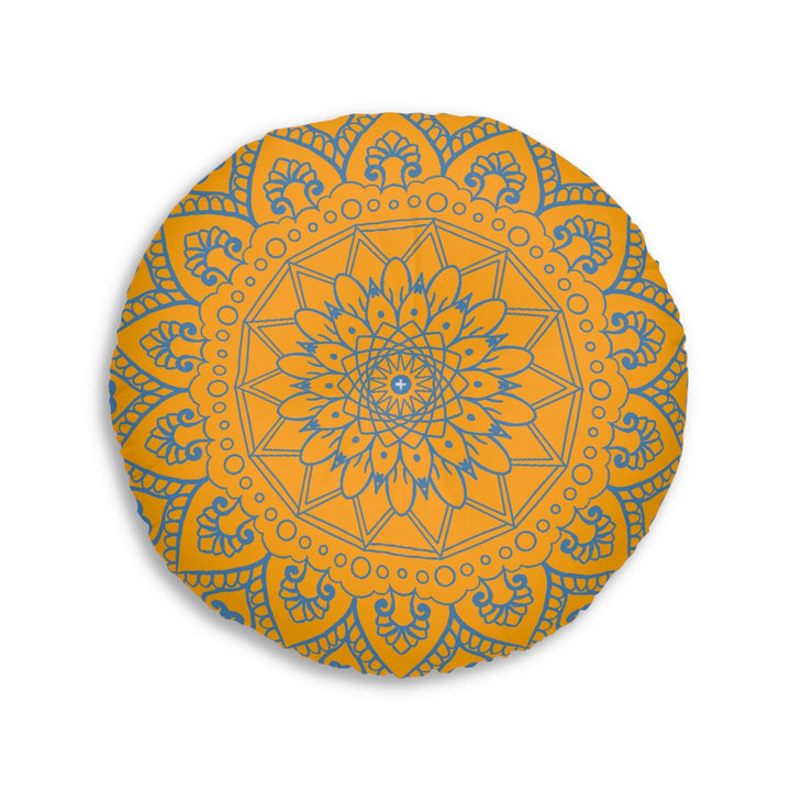 Floor Cushion Handmade Mandala Art - Steel Blue on Orange background - Drawn by Hand - Tufted Floor Pillow, Round - Blululi