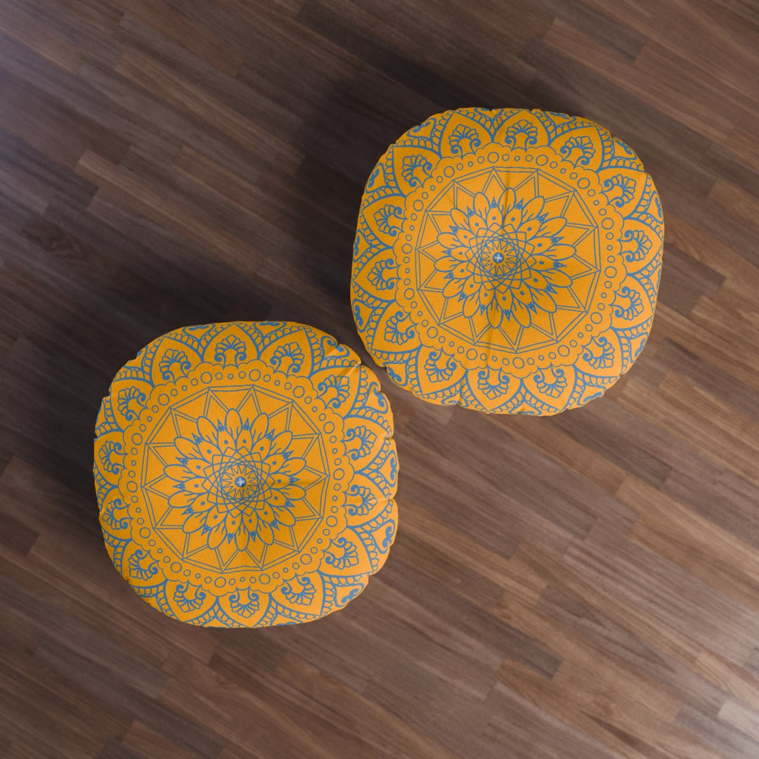 Floor Cushion Handmade Mandala Art - Steel Blue on Orange background - Drawn by Hand - Tufted Floor Pillow, Round - Blululi