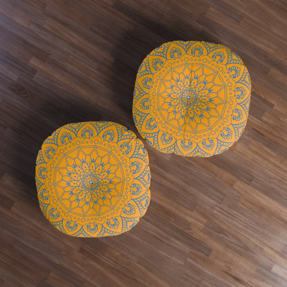 Floor Cushion Handmade Mandala Art - Steel Blue on Orange background - Drawn by Hand - Tufted Floor Pillow, Round - Blululi