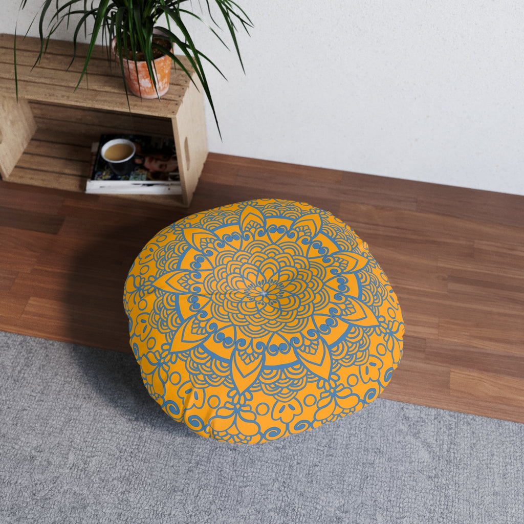 Floor Cushion Handmade Mandala Art - Steel Blue on Orange background - Drawn by Hand - Tufted Floor Pillow, Round - Blululi