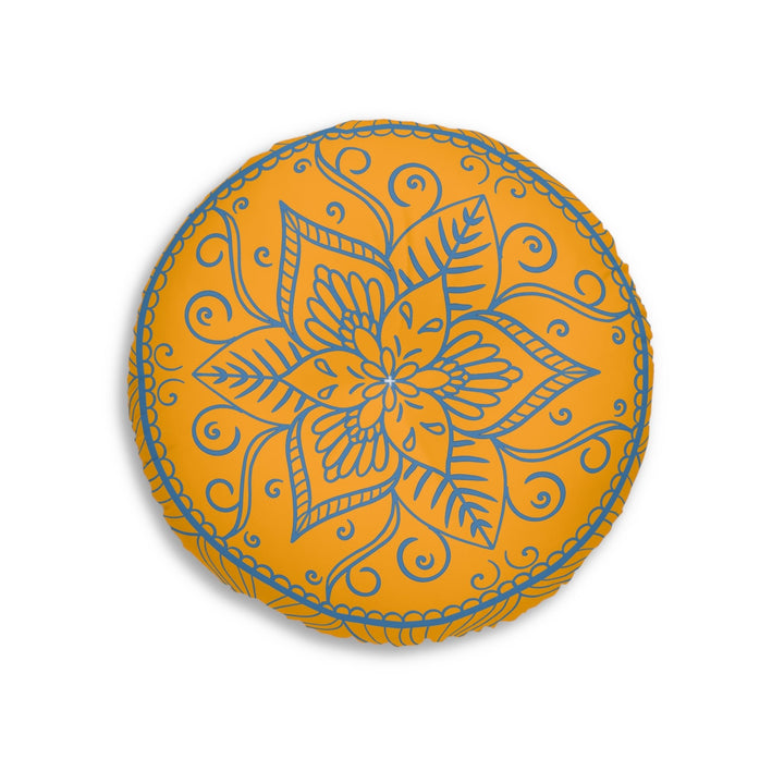 Floor Cushion Handmade Mandala Art - Steel Blue on Orange background - Drawn by Hand - Tufted Floor Pillow, Round - Blululi