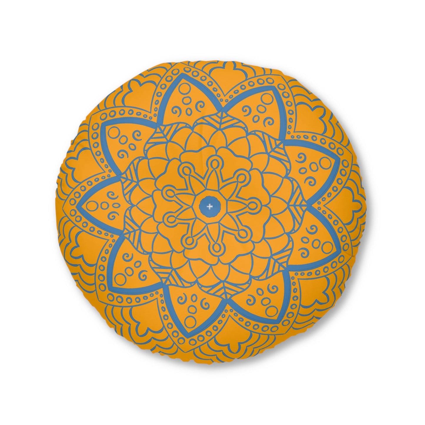 Floor Cushion Handmade Mandala Art - Steel Blue on Orange background - Drawn by Hand - Tufted Floor Pillow, Round - Blululi