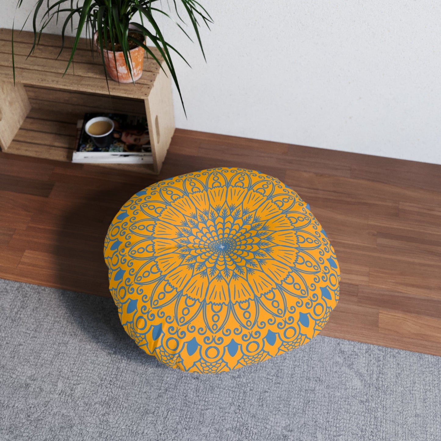 Floor Cushion Handmade Mandala Art - Steel Blue on Orange background - Drawn by Hand - Tufted Floor Pillow, Round - Blululi