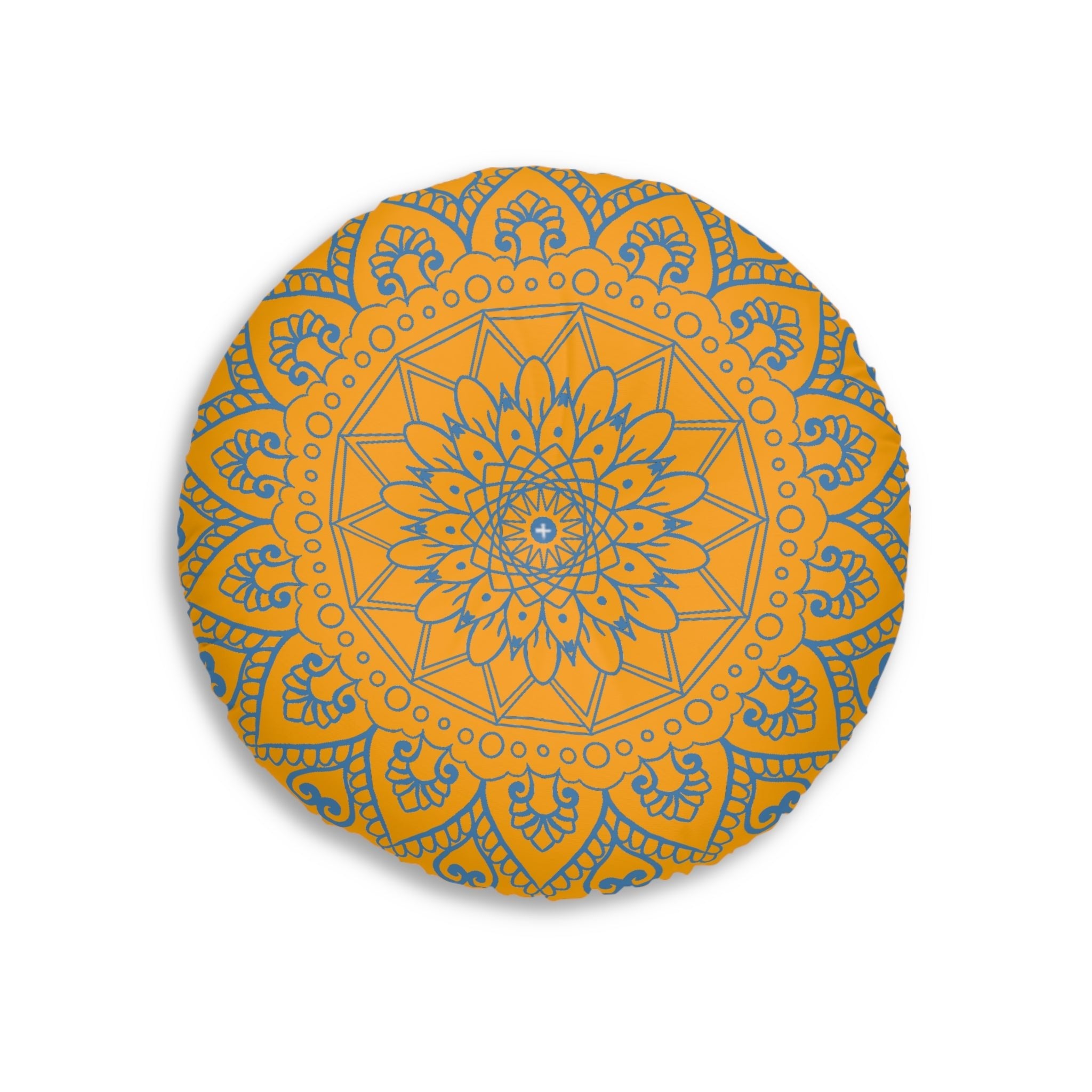 Floor Cushion Handmade Mandala Art - Steel Blue on Orange background - Drawn by Hand - Tufted Floor Pillow, Round - Blululi