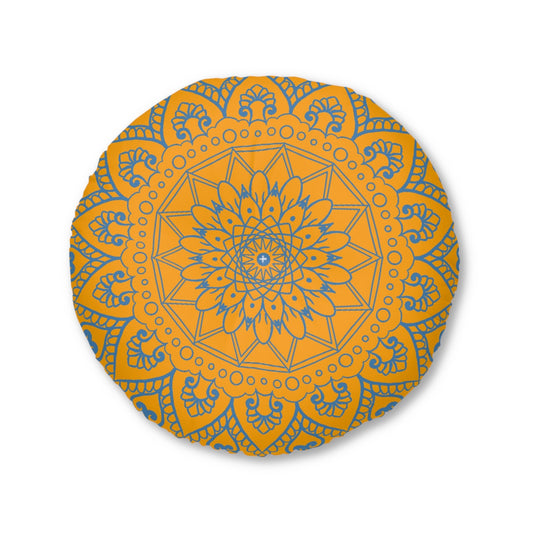 Floor Cushion Handmade Mandala Art - Steel Blue on Orange background - Drawn by Hand - Tufted Floor Pillow, Round - Blululi