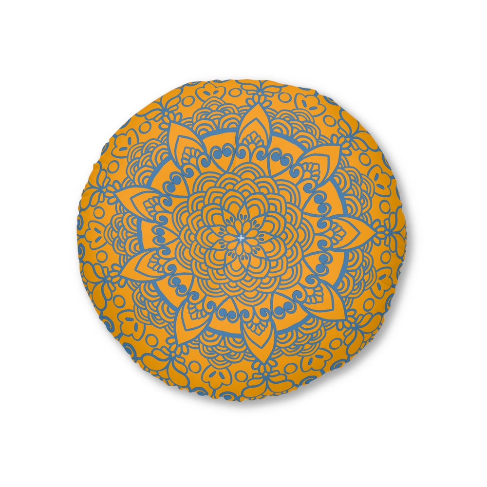 Floor Cushion Handmade Mandala Art - Steel Blue on Orange background - Drawn by Hand - Tufted Floor Pillow, Round - Blululi