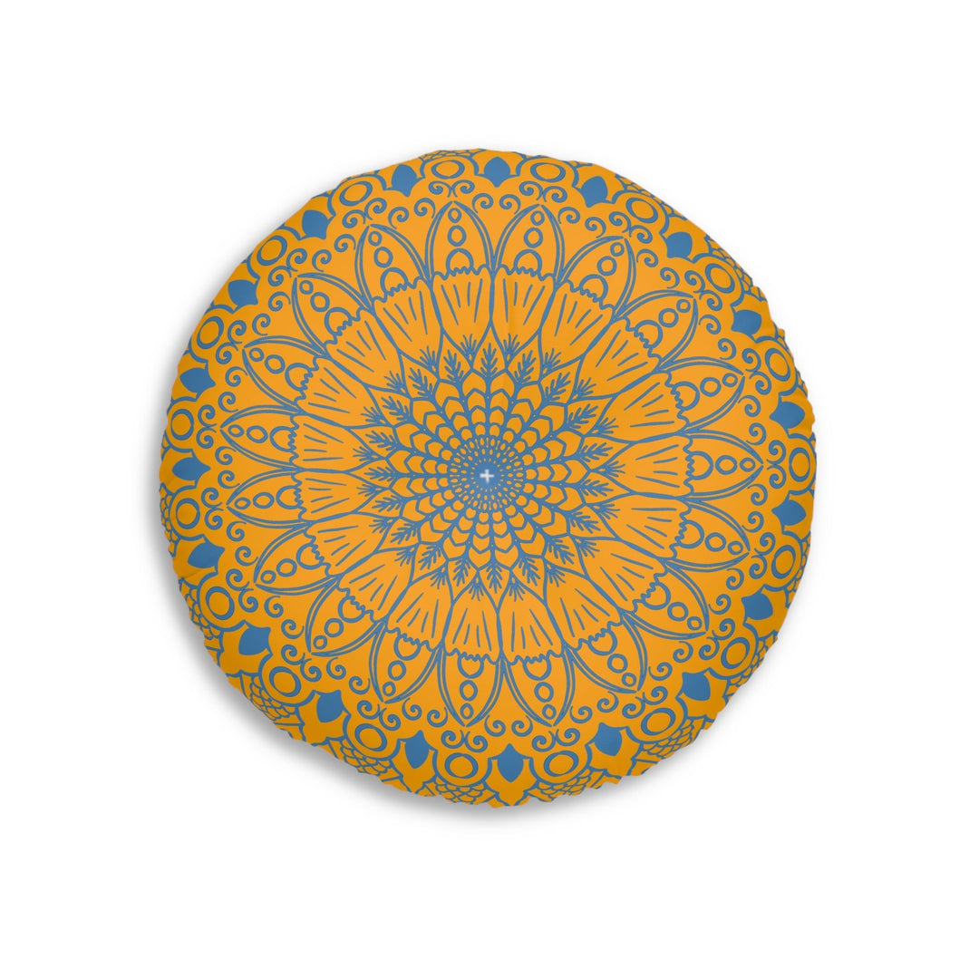 Floor Cushion Handmade Mandala Art - Steel Blue on Orange background - Drawn by Hand - Tufted Floor Pillow, Round - Blululi