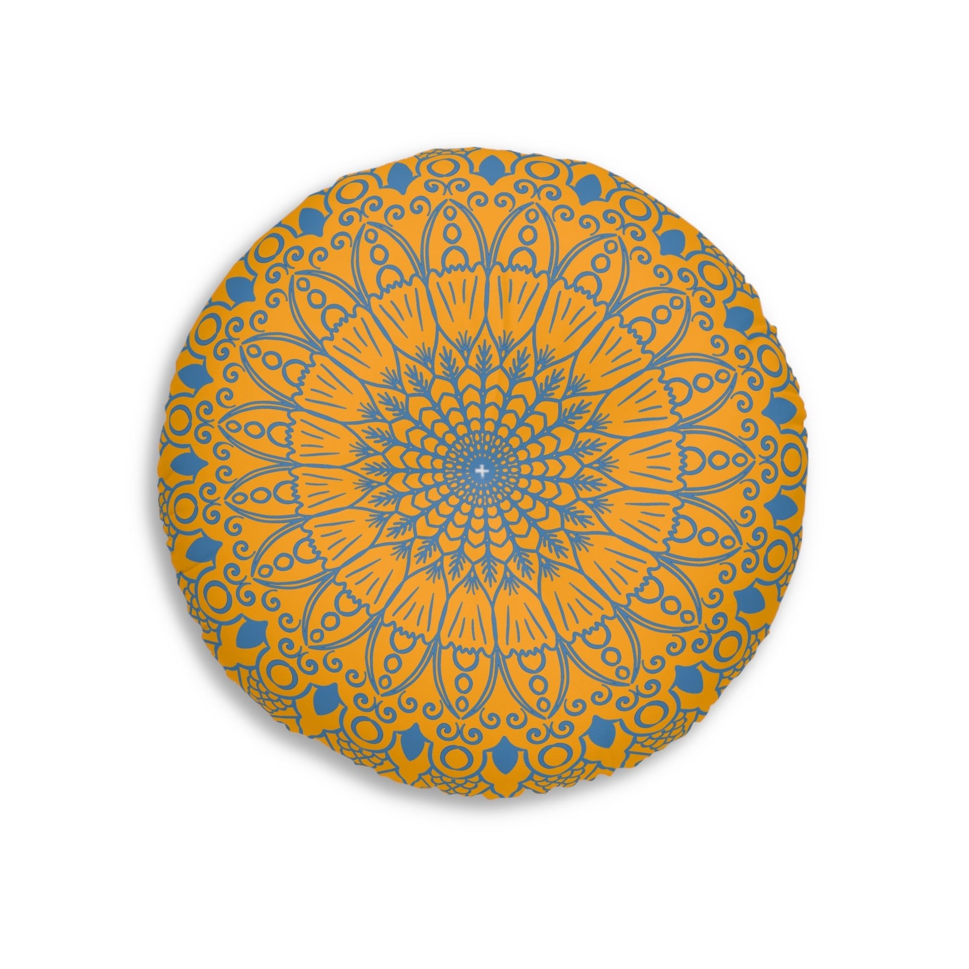 Floor Cushion Handmade Mandala Art - Steel Blue on Orange background - Drawn by Hand - Tufted Floor Pillow, Round - Blululi