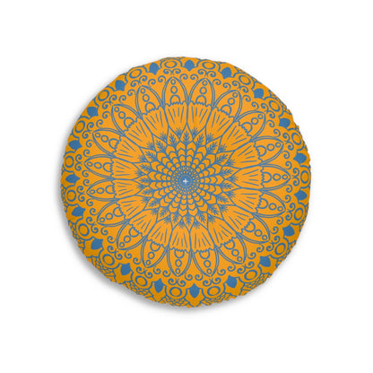 Floor Cushion Handmade Mandala Art - Steel Blue on Orange background - Drawn by Hand - Tufted Floor Pillow, Round - Blululi