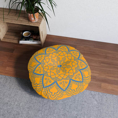 Floor Cushion Handmade Mandala Art - Steel Blue on Orange background - Drawn by Hand - Tufted Floor Pillow, Round - Blululi