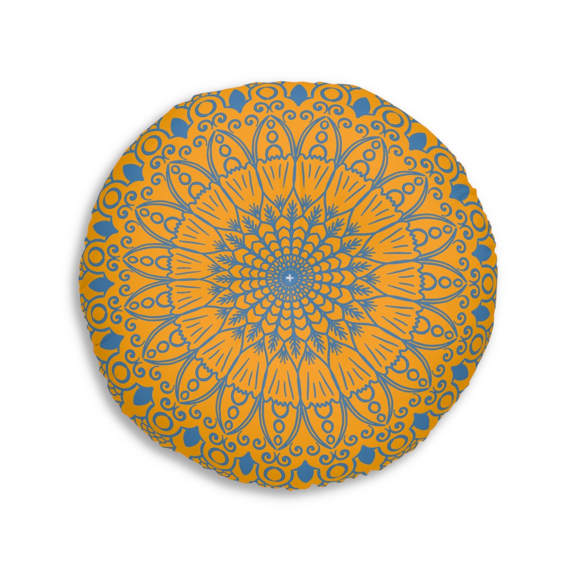 Floor Cushion Handmade Mandala Art - Steel Blue on Orange background - Drawn by Hand - Tufted Floor Pillow, Round - Blululi