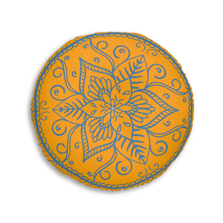 Floor Cushion Handmade Mandala Art - Steel Blue on Orange background - Drawn by Hand - Tufted Floor Pillow, Round - Blululi