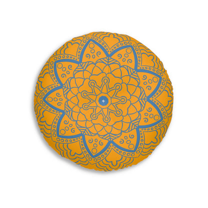 Floor Cushion Handmade Mandala Art - Steel Blue on Orange background - Drawn by Hand - Tufted Floor Pillow, Round - Blululi