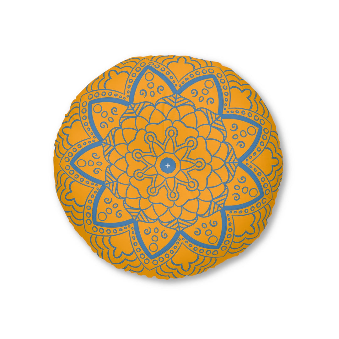 Floor Cushion Handmade Mandala Art - Steel Blue on Orange background - Drawn by Hand - Tufted Floor Pillow, Round - Blululi