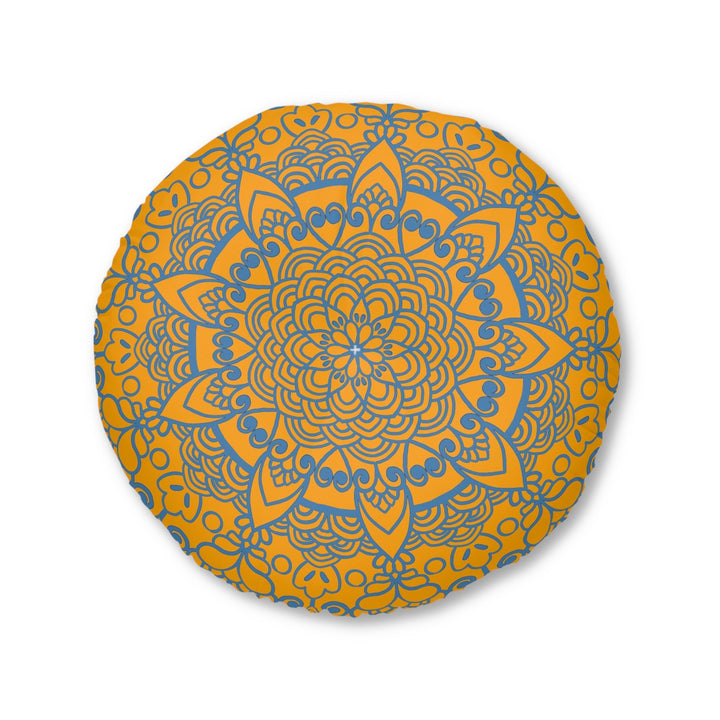 Floor Cushion Handmade Mandala Art - Steel Blue on Orange background - Drawn by Hand - Tufted Floor Pillow, Round - Blululi