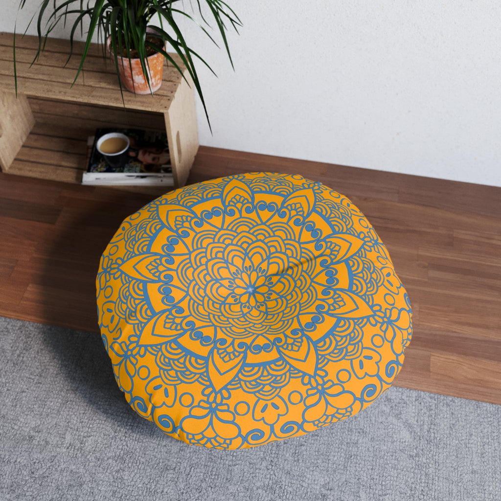 Floor Cushion Handmade Mandala Art - Steel Blue on Orange background - Drawn by Hand - Tufted Floor Pillow, Round - Blululi