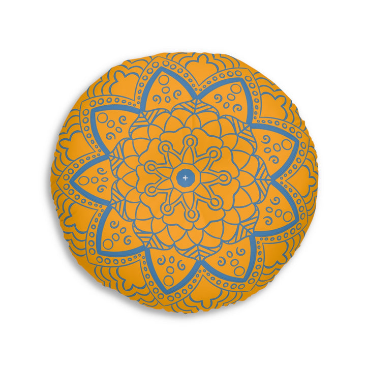 Floor Cushion Handmade Mandala Art - Steel Blue on Orange background - Drawn by Hand - Tufted Floor Pillow, Round - Blululi