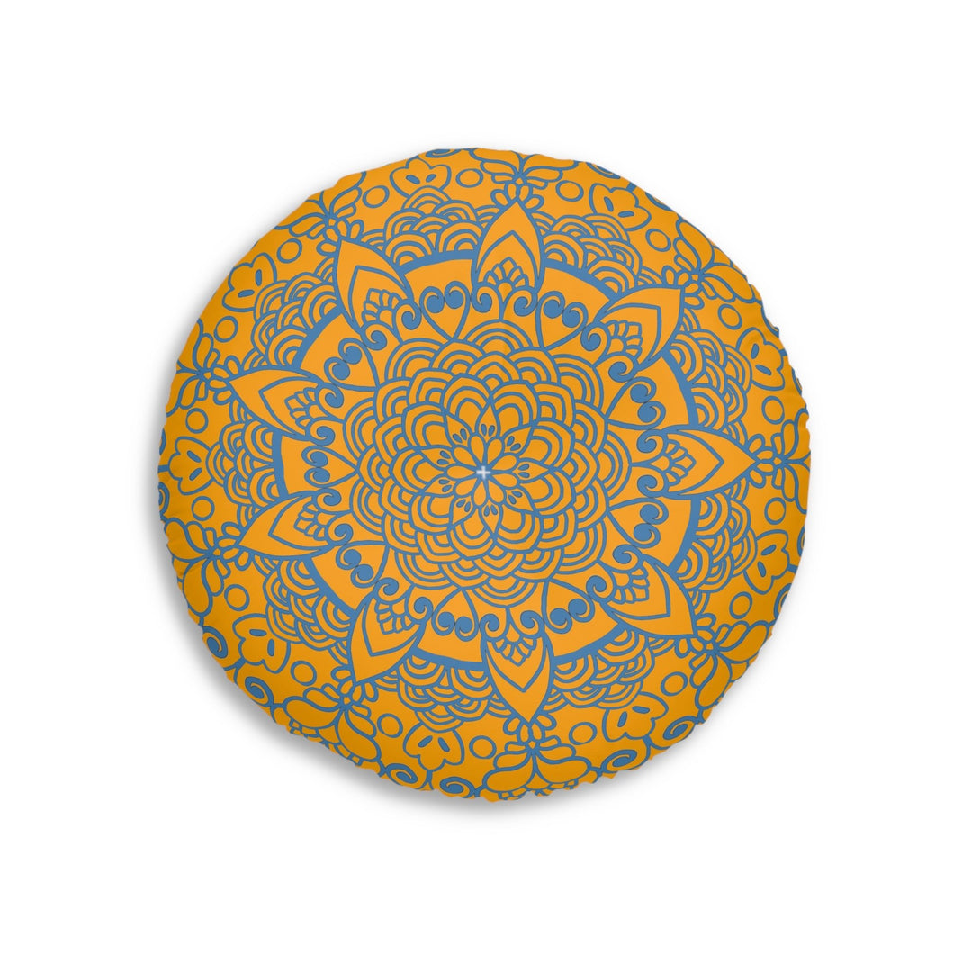 Floor Cushion Handmade Mandala Art - Steel Blue on Orange background - Drawn by Hand - Tufted Floor Pillow, Round - Blululi