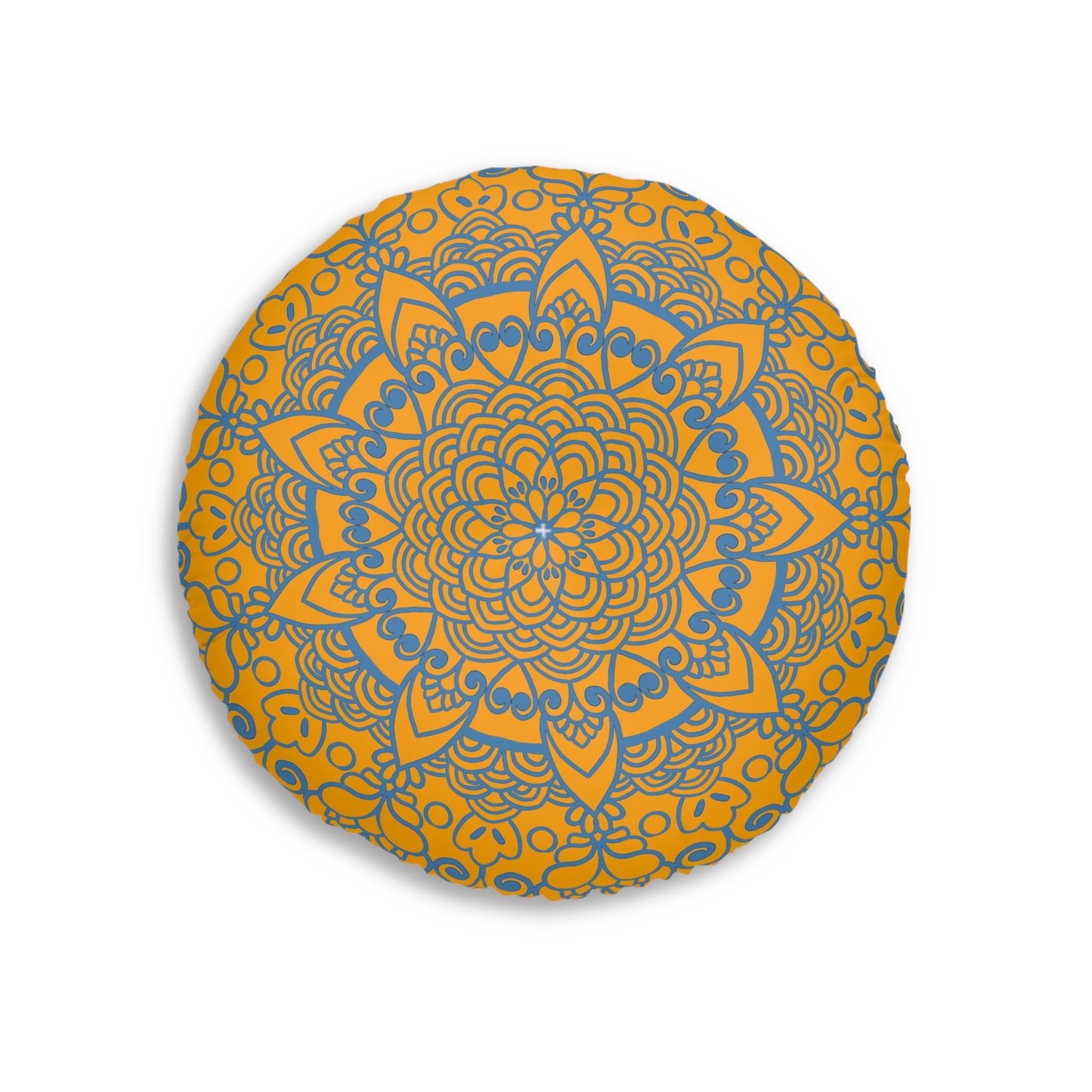 Floor Cushion Handmade Mandala Art - Steel Blue on Orange background - Drawn by Hand - Tufted Floor Pillow, Round - Blululi