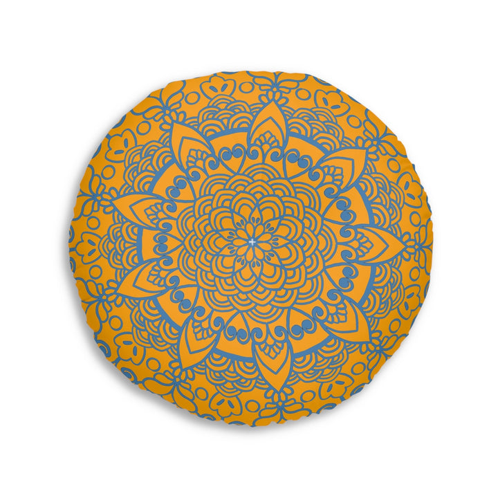 Floor Cushion Handmade Mandala Art - Steel Blue on Orange background - Drawn by Hand - Tufted Floor Pillow, Round - Blululi